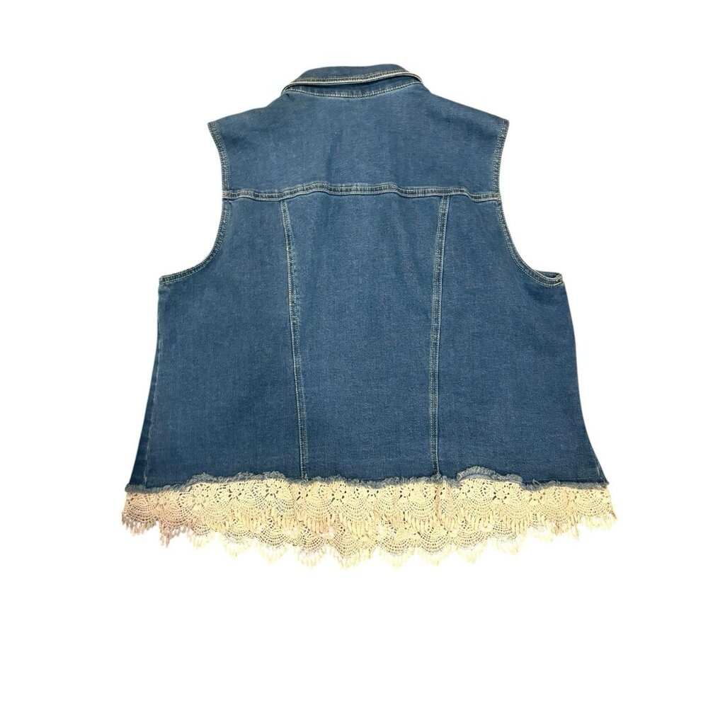 Est 1946 Blue Denim Prairie Vest Stretch Womens 18/20 With Beige Lace Trim Hem - Picture 2 of 5